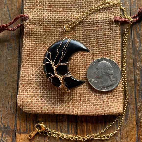 Onyx Moon Necklace Black Onyx Wire Wrapped Moon Pendant with Gold Plated Chain - Picture 2 of 2